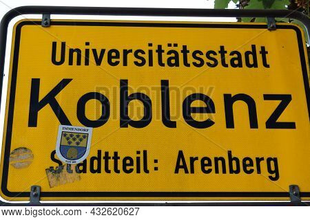 Town Sign Of Koblenz-arenberg With A Sticker Of Koblenz-immendorf