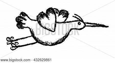 Creative Grunge Linear Drawing Of Flying Stork, Heron Or Crane. Rough Black And White Vector Sketch 