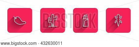 Set Line Hot Chili Pepper Pod, Cactus, Burrito And Lizard With Long Shadow. Red Square Button. Vecto