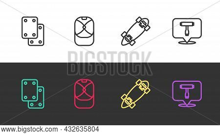 Set Line Knee Pads, Baseball Cap, Longboard Or Skateboard And Skateboard T Tool On Black And White. 