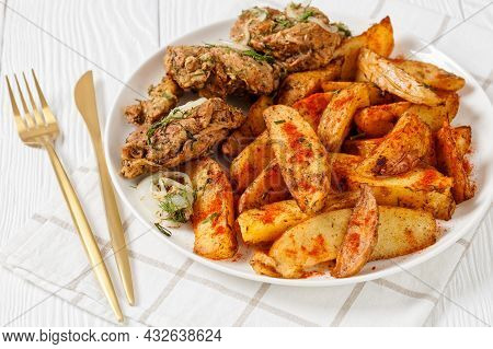 Grilled Pork Shoulder Steaks With Roasted Potato Wedges Seasoning With Paprika And Dill On A White P