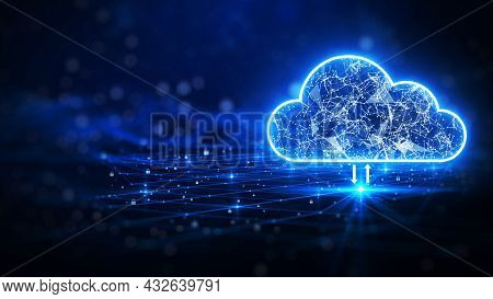 Cloud Computing. The Data Transfer And Storage Concept Consists Of A White Polygonal Interconnected 