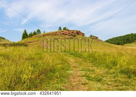 Landscape With A Narrow Path Among The Summer Green Steppe Leading To The Top Of A Hill With Sulek P