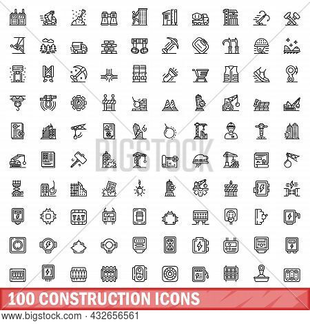 100 Construction Icons Set. Outline Illustration Of 100 Construction Icons Vector Set Isolated On Wh