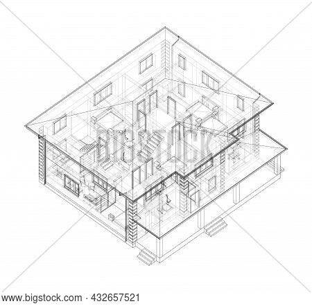 Residential Building Technical Drawing. Vector Rendering Of 3d. Wire-frame Style. The Layers Of Visi