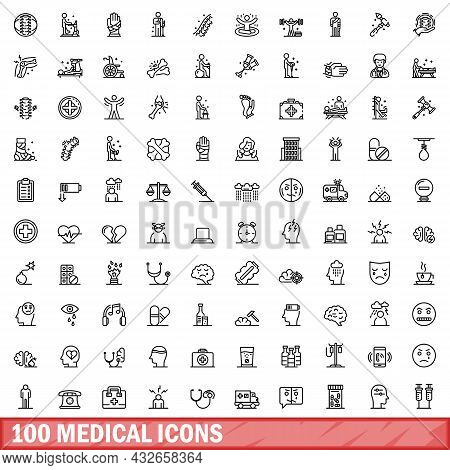 100 Medical Icons Set. Outline Illustration Of 100 Medical Icons Vector Set Isolated On White Backgr