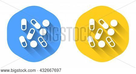 White Medical Pill Bottle Biohacking Icon Isolated With Long Shadow Background. Pharmacy Biohacking.