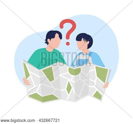 Tourists With Map 2d Vector Isolated Illustration. Trakkers Looking For Route. Boyfriend And Girlfri