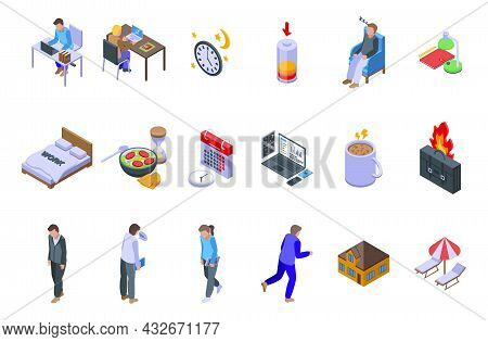 Late Work Icons Set Isometric Vector. Daily Hour. Morning Time