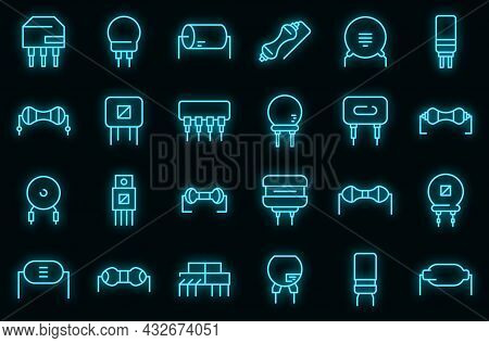 Resistor Icons Set. Outline Set Of Resistor Vector Icons Neon Color On Black