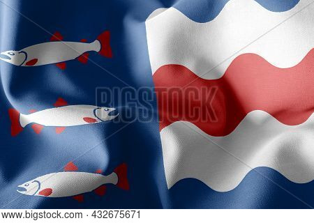 3d Illustration Flag Of Vasternorrland Is A Region Of Sweden. Waving On The Wind Flag Textile Backgr