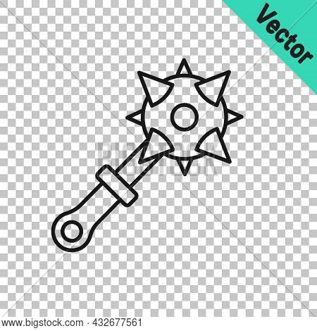 Black Line Medieval Chained Mace Ball Icon Isolated On Transparent Background. Morgenstern Medieval 