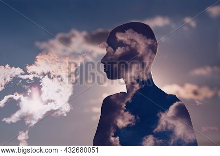 Psychology And European Woman Mental Health Contemplation Concept. Multiple Exposure Clouds And Sun 
