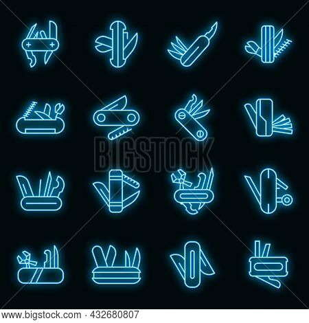 Multitool Icons Set. Outline Set Of Multitool Vector Icons Neon Color On Black
