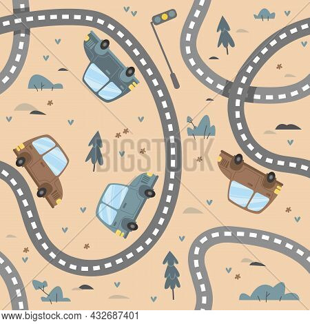 Seamless Pattern With Cute Cartoon Cars And Road On A Beige Backdrop. Amusing Cute Cars Are Driving 