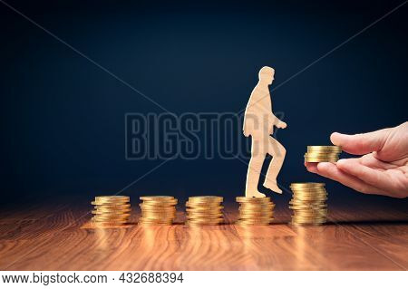 Change Return On Investment, Growing Savings Or Wage Income Concept. Wooden Person Is Going From Con