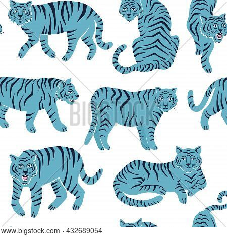 Seamless Pattern With Tigers In Diffirent Poses. Hand Drawn Vector Illustration.