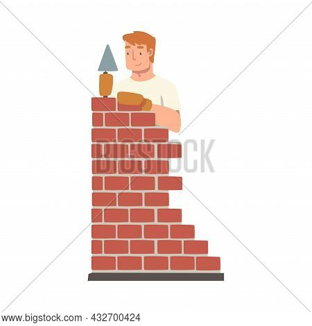 Handyman Or Fixer As Skilled Man Laying Bricks Engaged In Home Repair Work Vector Illustration