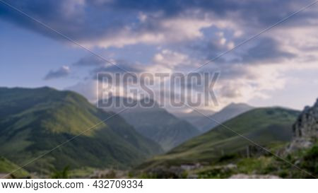 Mountains Of North Ossetia, Beautiful Summer Landscapes With Blue Sky And Clouds.