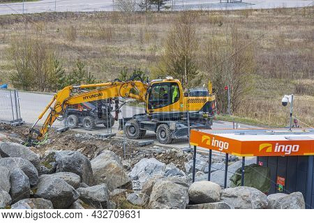 Close Up View Of Construction Imploding Works On Rocky Terrain. Enkoping. Sweden. 05.18.2021.
