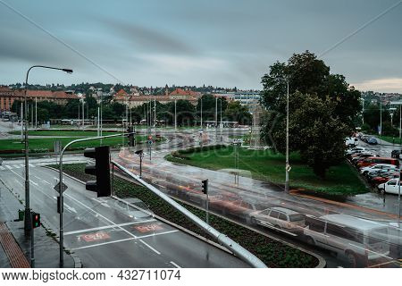 Prague,czech Republic - August 31,2021. Evening Traffic At Vitezne Namesti,victory Square,focal Poin