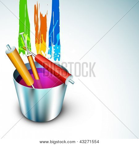 Illustrazione vettoriale di indiano colorato festival Holi con secchio pieno di colori e colori gun (pichk