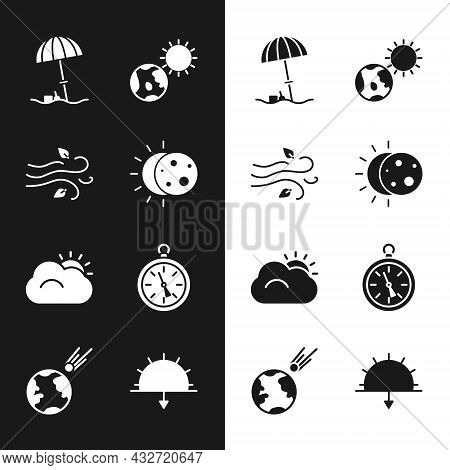 Set Eclipse Of The Sun, Wind, Sun Protective Umbrella For Beach, Earth Globe And, Cloud, Compass, Su