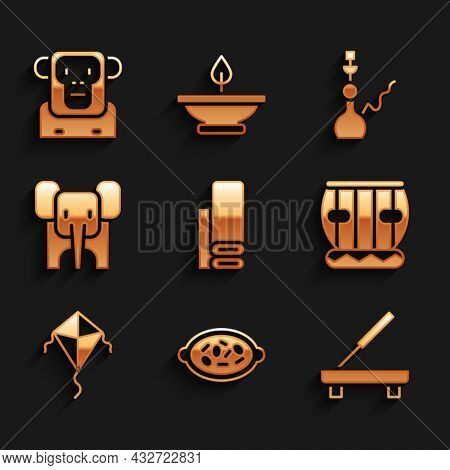 Set Indian Textile Fabric, Kheer In Bowl, Scented Spa Stick, Instrument Tabla, Kite, Elephant, Hooka