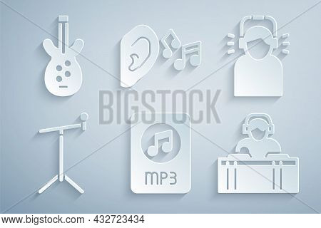 Set Mp3 File Document, Man In Headphones, Microphone With Stand, Dj Playing Music, Ear Listen Sound 