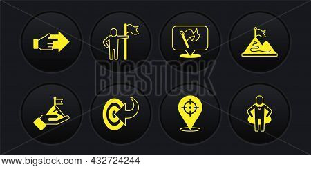 Set Mountains With Flag, Target, Flag, Man Holding, Head Hunting And Hand Pointing Finger Icon. Vect