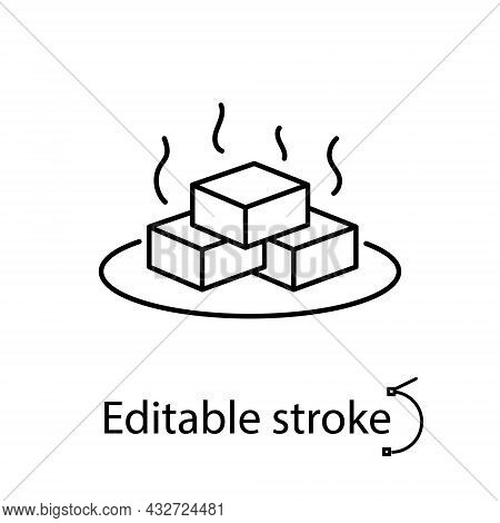 Aromatic Tofu Cheese On A Plate Outline Icon. Taiwanese Traditional Food. Customizable Linear Contou