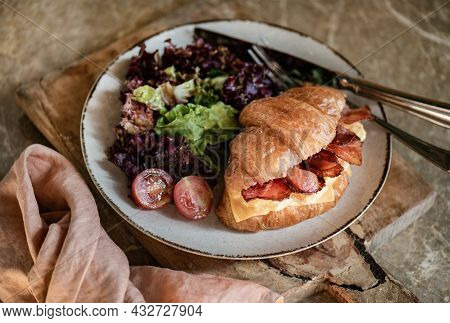 Bacon And Cheddar Cheese Stuffed French Croissant, Horizontal Composition