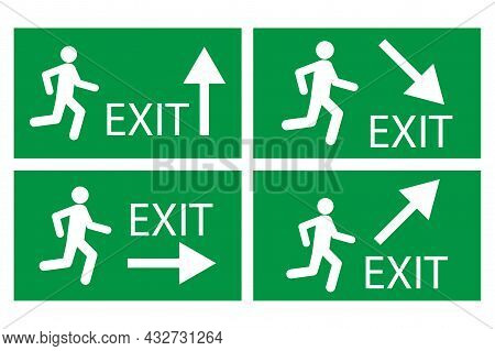 Exit Sign With Arrow Up, Right, Down On Green Background. Safety Notice Emblem. Vector Illustration.