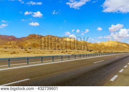 View Of The Arava Desert Landscape, And The Arava Road (90), Between Israel And Jordan