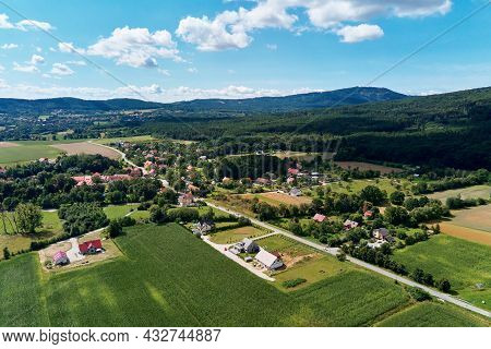 Mountain Village With Forests, Bird Eye View. Sleza Mountain Landscape Near Wroclaw In Poland. Natur