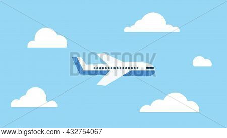An Airplane Flying In The Sky Surrounded By Clouds. Air Transport Or Air Travel Concept. Flat Style.