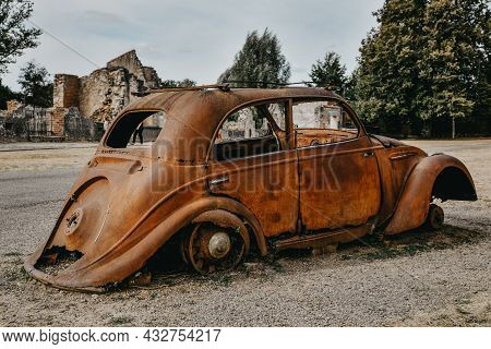 Destroyed Cars During World War 2 In The City Oradour Sur Glane France