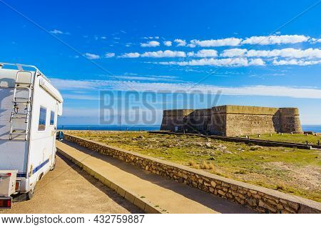 Caravan On Coastal Fortification, Castle Near The Town Of Los Banos De Guardias Viejas, Almeria Prov