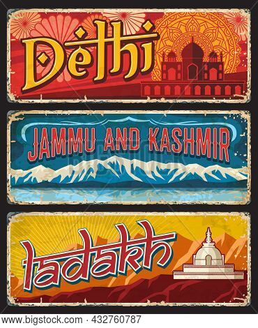 Delhi, Jammu And Kashmir, Ladakh Indian States Vintage Plates Or Banners. Vector Landmarks Of India,