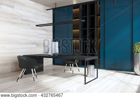 Modern Blue And Wooden Home Office Interior With Workplace, Bookcase And Daylight. 3d Rendering