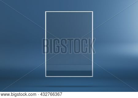 Blank Rectangular Glass Frame Banner On Blue Background. Mock Up, 3d Rendering