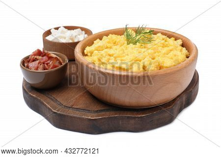 Tasty Banosh With Brynza And Pork Cracklings On White Background. Traditional Ukrainian Dish