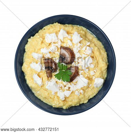 Tasty Banosh With Brynza And Mushrooms In Bowl Isolated On White, Top View. Traditional Ukrainian Di