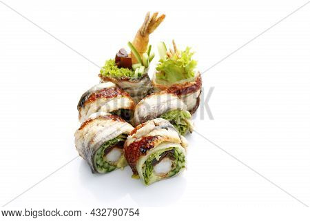 Unagi Ebi Ten Roll, Isolated On White, With A Copy-space. A Packshot Photo For Sushi Restaurant Menu