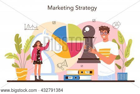 Marketer Set. Marketing Strategy And Communucation With A Customer