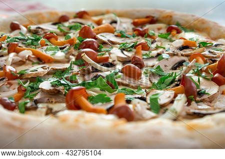 Delicious Vegetarian Pizza With Two Types Of Mushrooms, Greens And Onions. Exreme Close-up.