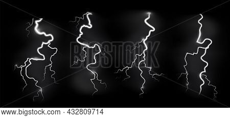 Lightnings Storm. Realistic Blitz Electric Sky Lightning On Black Background With Power Strike Effec