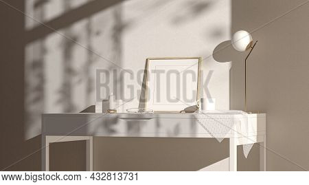 Blank Wood Small Square Frame Mockup Interior Background, Side View, 3d Rendering. Empty Art Pic Cad