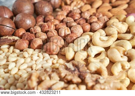 Many Different Nuts. Assortment Healthy Snacks. Mediterranean Diet. Dry Vegan Charcuterie. Variety P