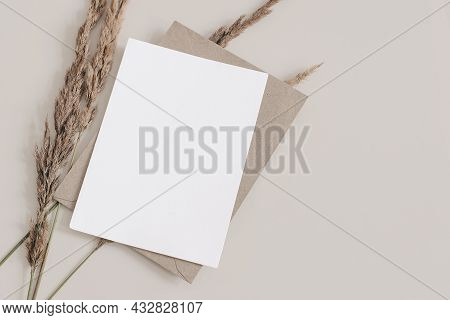 Fall Wedding, Birthday Stationery Composition. Blank Greeting Card, Invitation Mockup With Brown Env